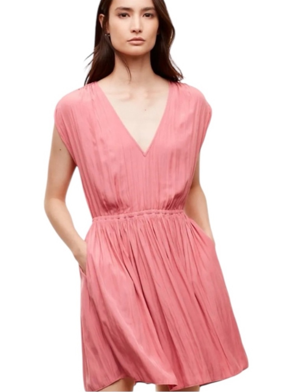 Wilfred Aritzia Almeida Pink Crinkle Pleated V Neck Sleeveless Dress Size Small